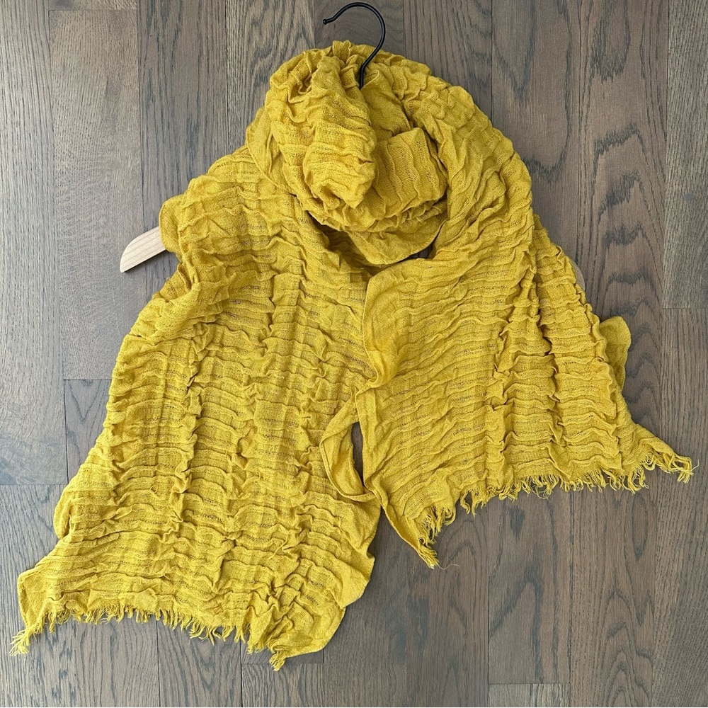 Eileen Fisher Gauze Stretch Wool Blend Ruffle Oblong Scarf Mustard Yellow 68"l